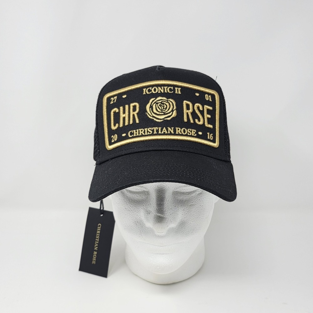 Christian Rose Iconic II London‎ Plate Gold Mesh Back Trucker Adjustable Hat Cap